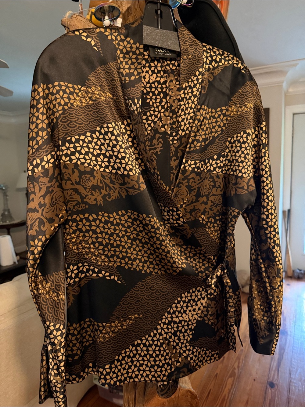 Dana Buchman Black and Gold Patterned Wrap Blouse